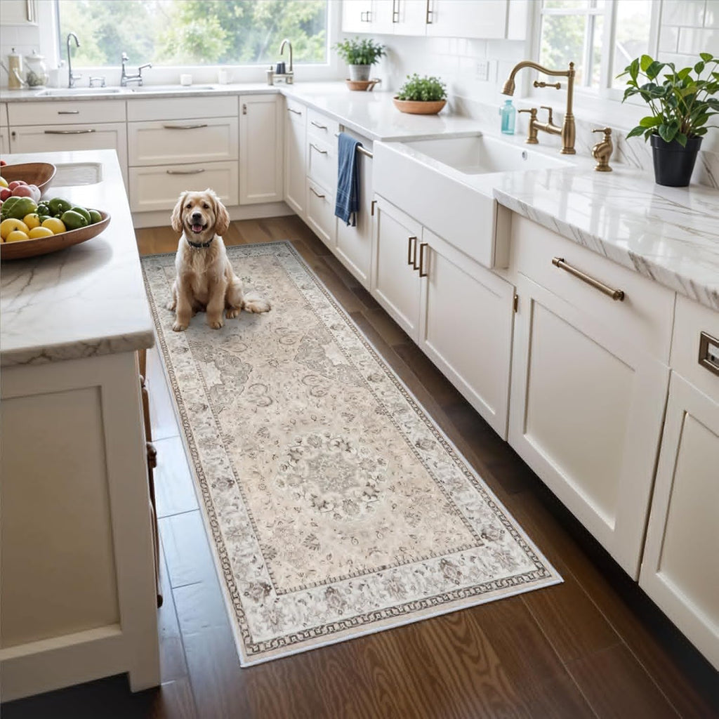 Hallway Washable Runner Rug - Vintage Soft Non-Slip 3x6 Entryway Carpet | Ideal for Kitchen & Living Room (Beige)