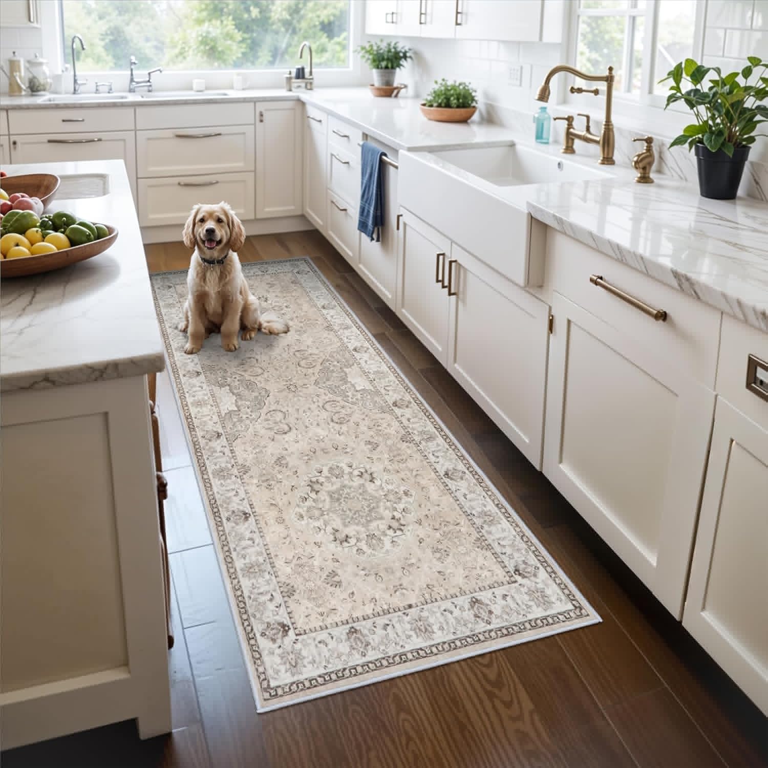 Hallway Washable Runner Rug - Vintage Soft Non-Slip 3x6 Entryway Carpet | Ideal for Kitchen & Living Room (Beige)