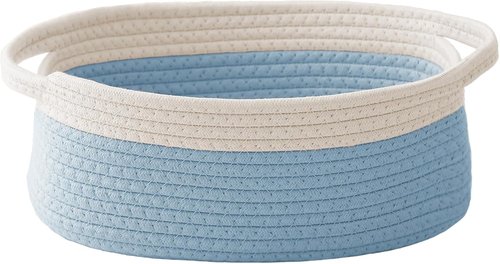 JMvicyroam Woven Basket - Small Rope Storage Bin with Handles for Organizing Shelves & Closets | White & Blue