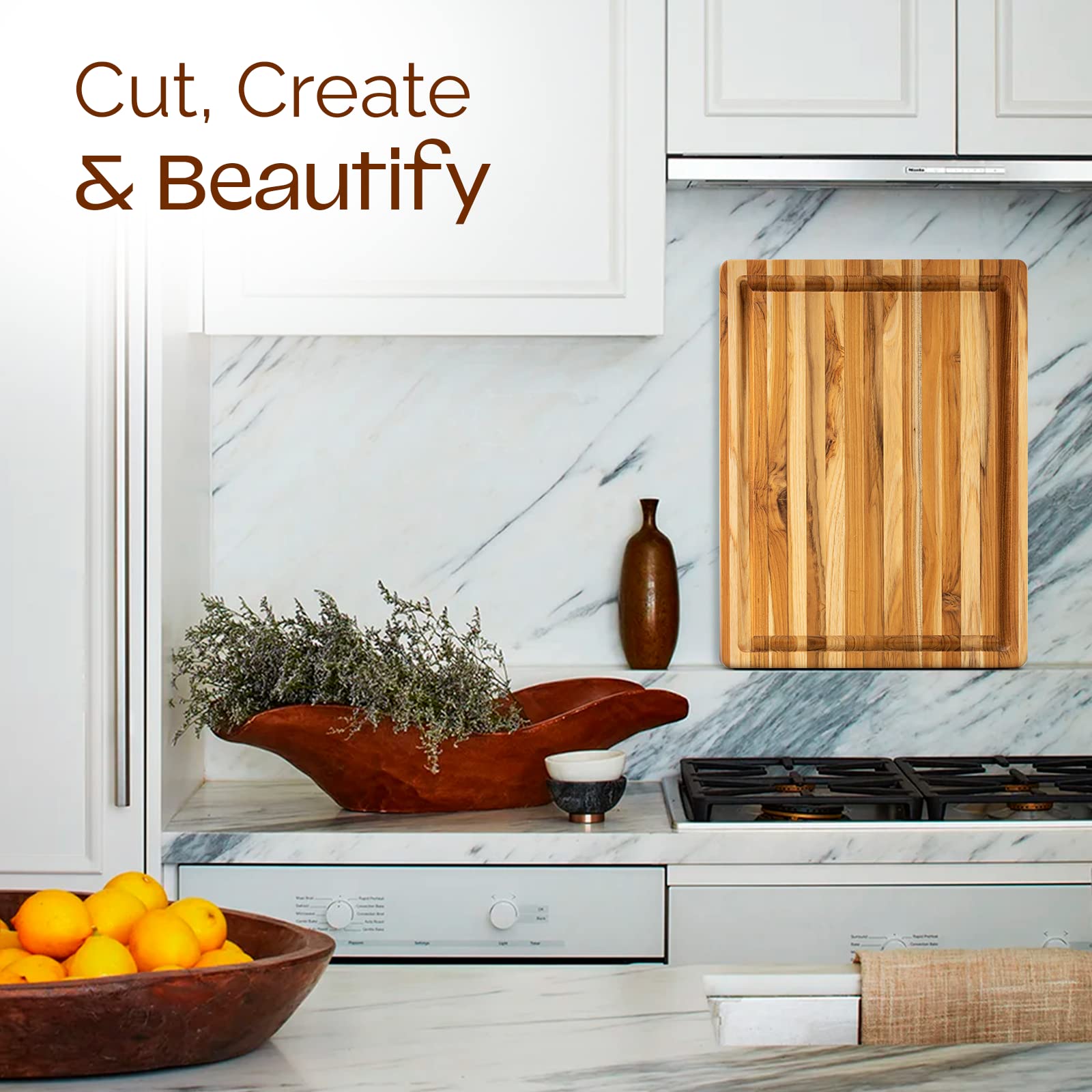 Yes4All Plus Large Edge Grain Teak Cutting Board for Kitchen, 24''L x 18''W x 1.5''Thick, Durable Wood with Juice Grooves, Pre-Oiled, Easy Grip Handles, Ideal for Chopping and Serving