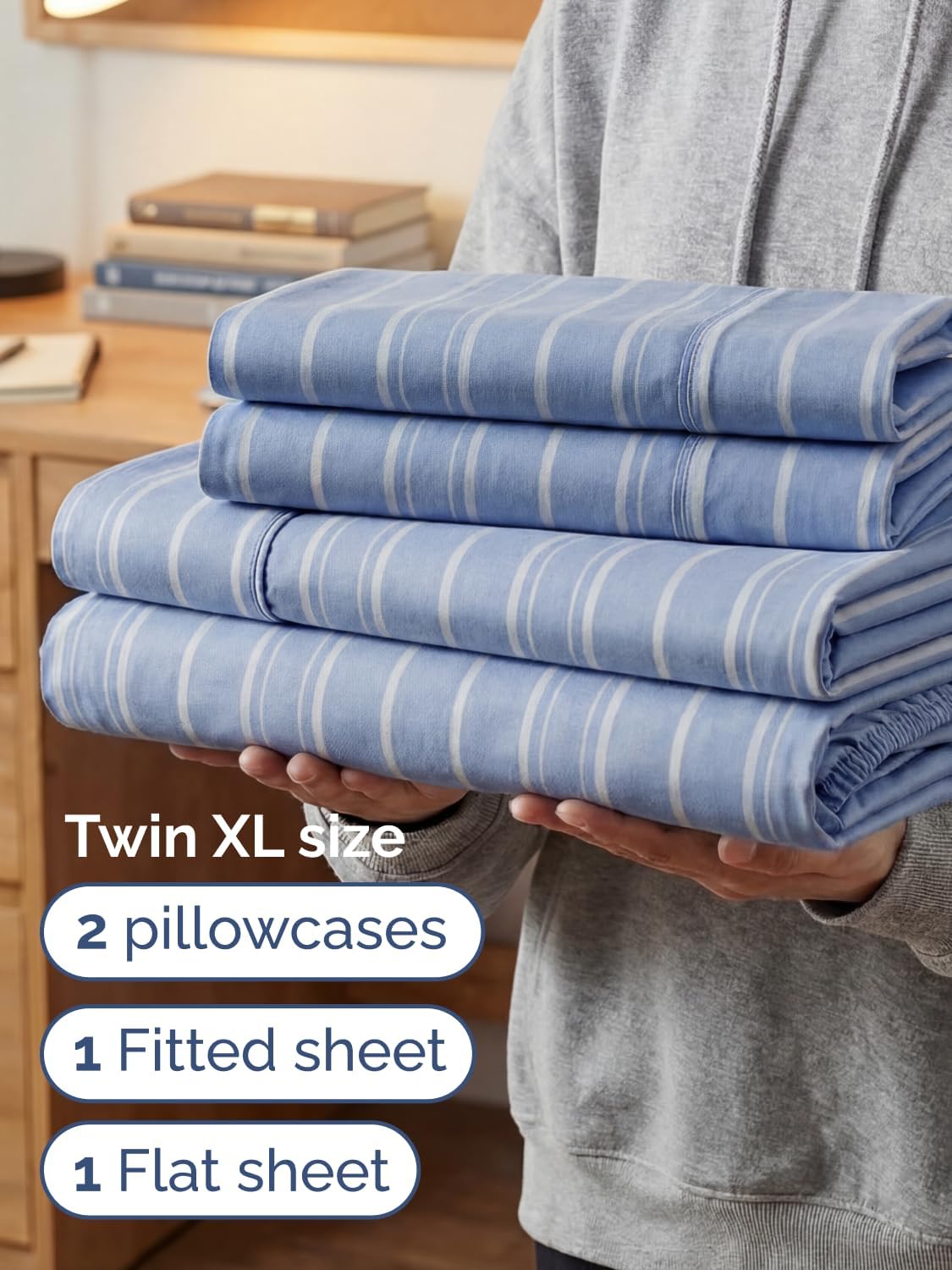 Skiennix Extra Deep Twin XL Sheet Set | 4-Piece Cooling Bedding - Soft, Breathable, Wrinkle-Free - Blue Stripes