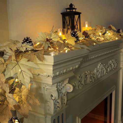 6 FT Realistic Fall Garland with Lights Timer Function Fall Leaves Maple Garland with Berries Pine Cones Autumn Automatic Fall Decorations for Home Mantle Fireplace Porch Table Decor