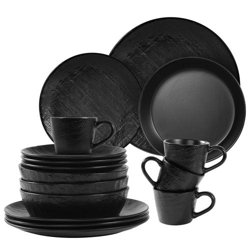 Navaris Linen Artisan Stoneware Dinnerware Set (16 Pieces) - Dishwasher and Microwave Safe Plates, Bowls, Mugs in Charcoal Black