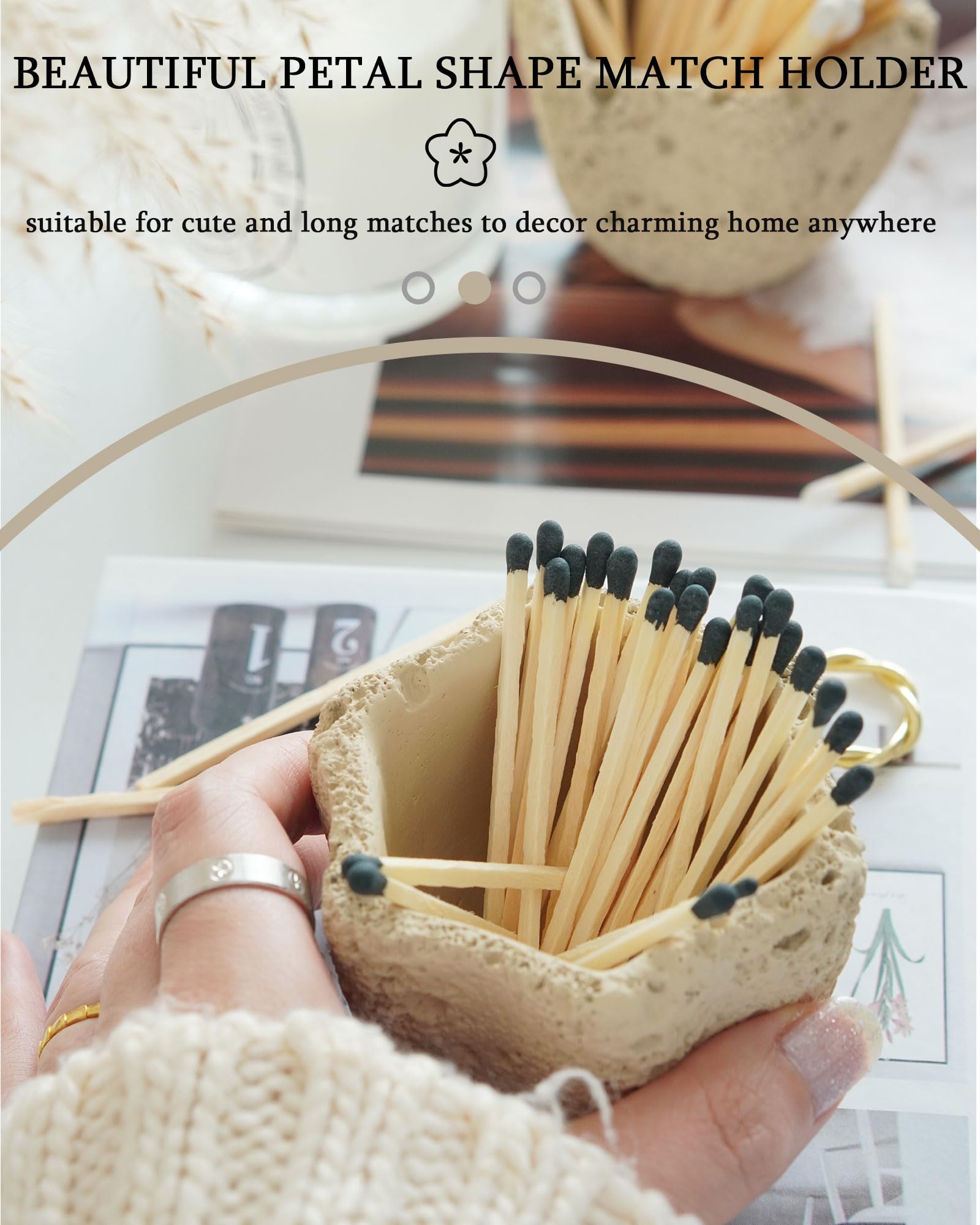 DINLiAN S Concrete Matches Holder with Striker-Beautiful Petal Shape Match in Jar-for Cute/Fancy/Long Candle Match,Refresh Any Modern Home Decor with Premium floral Jar-No Matches (milky beige)