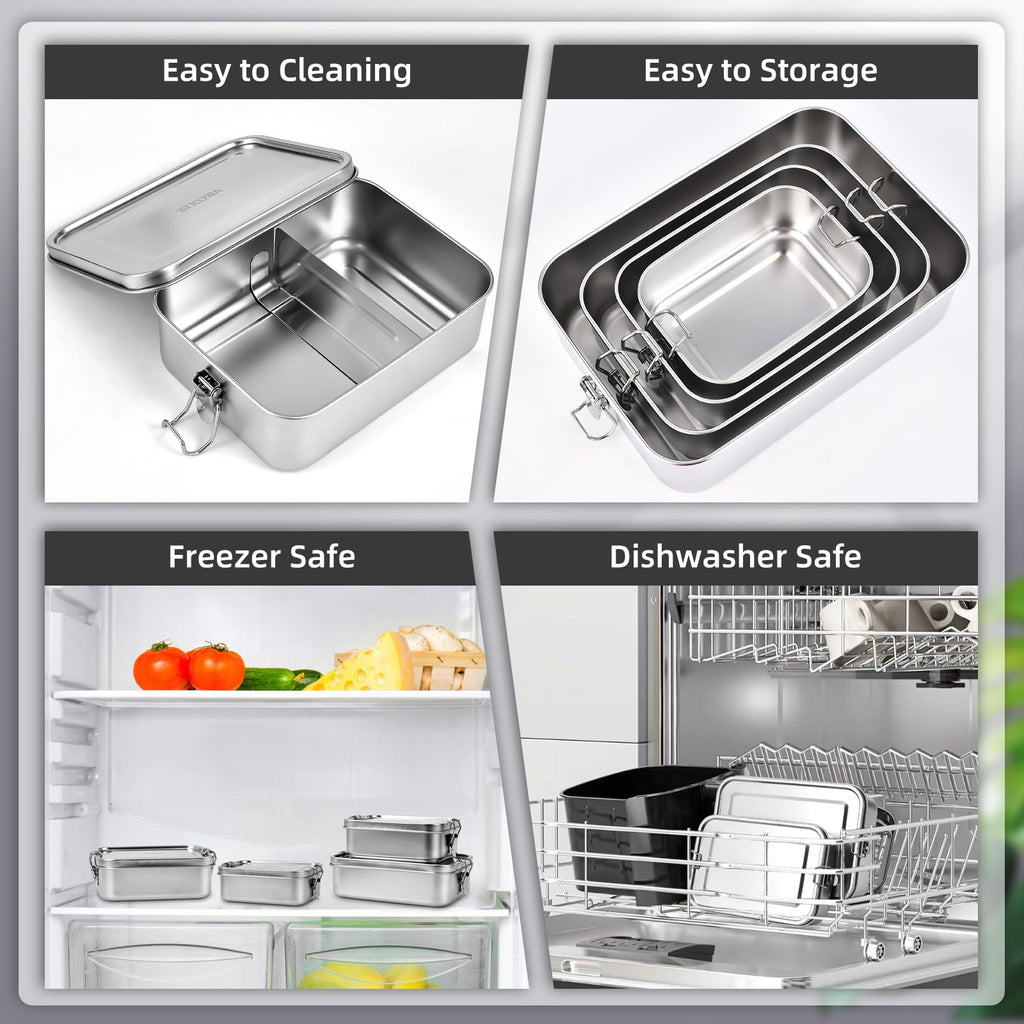 VIKCOLEE 4 PCS Stainless Steel Bento Box 4-Size, Metal Lunch Box, Food Containers, Lunch Container for Home, Work, Camping (550ml+850ml+1400ml+2400ml)