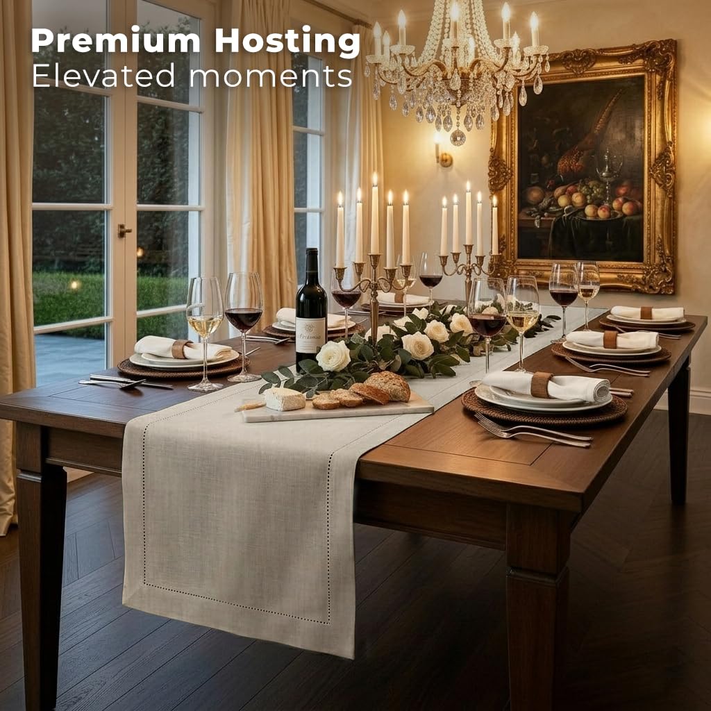 D'Moksha Homes Linen Kelly Green Table Runner 144 Inches Long - 100% Pure Linen Extra Long Table Runner 14 x 144 Inch for Mothers Day - Classic Hemstitch
