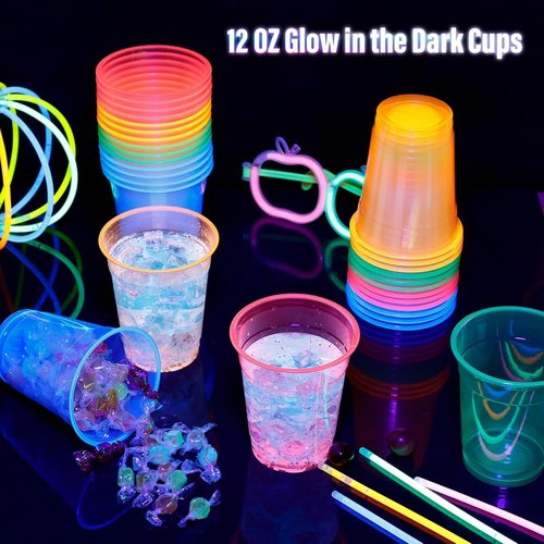 KesaPlan 120 PCS Neon Plastic Cups - 12 OZ Glow in the Dark Disposable Cups for Parties & Events
