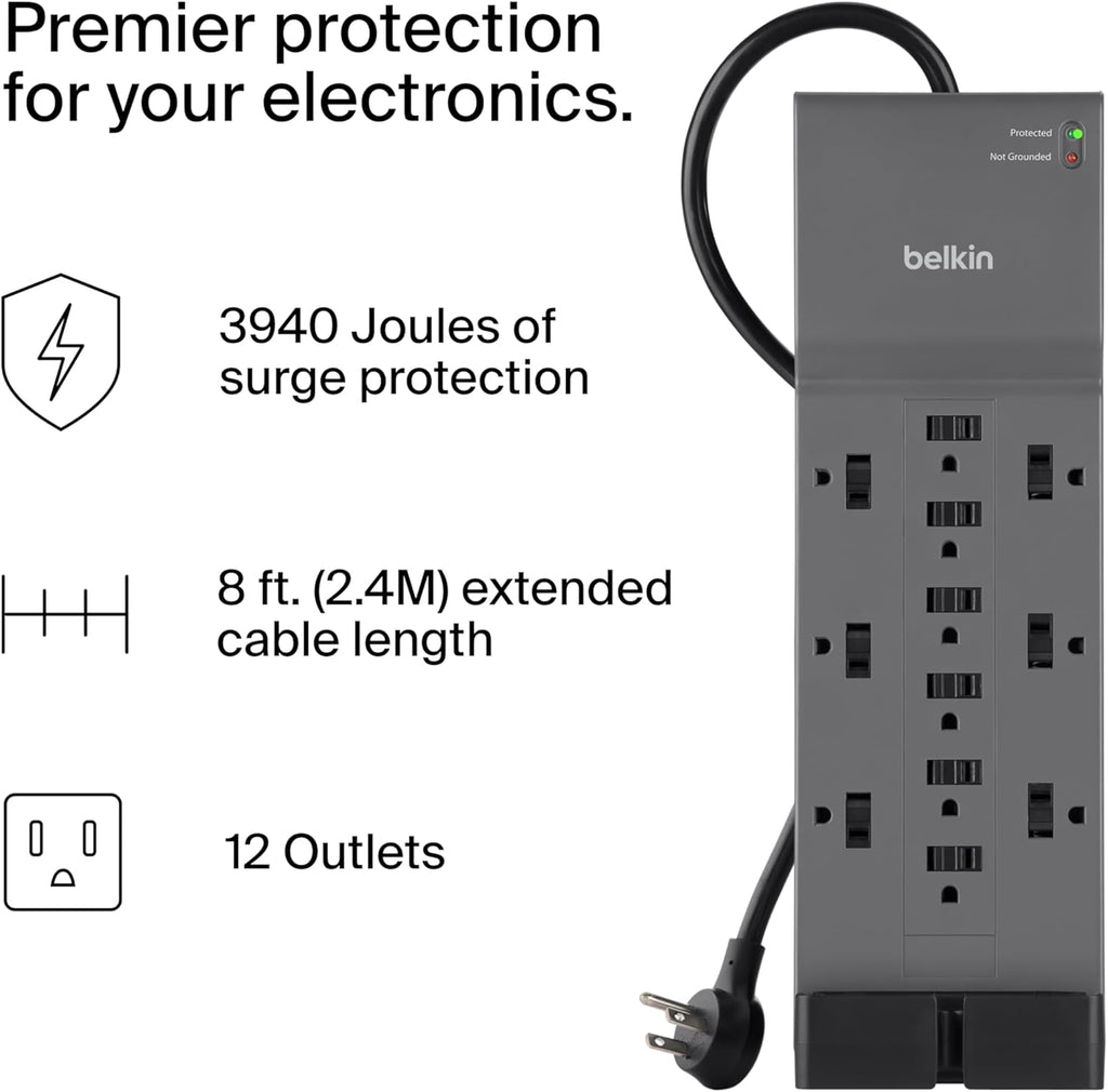 Belkin 12-Outlet Surge Protector Power Strip - 12 AC Outlets, 8ft Flat Plug, 3,940 Joules Protection for Home & Office