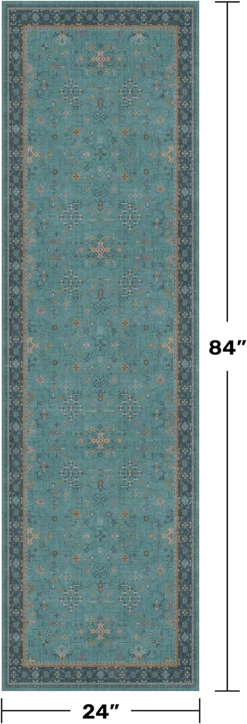 Hazo Haus Boho Non-Slip Kitchen Rug Runner - Teal Vintage Floral 2x7 Washable Indoor Mat