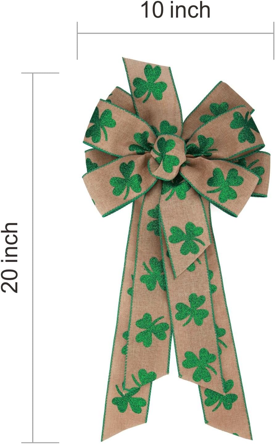 Meseey St. Patrick's Day Wreath Bow - 24 x 10 Inch Green Clover Burlap Shamrock for Door Decor | Irish Party Decor