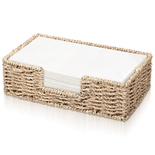 Napkin Holder Disposable Guest Towel Tray Long Seagrass Woven Rattan Wicker Holder Square Napkin Paper Basket Cocktail Serving Tray Rustic Boho Decor Accessories for Kitchen Bathroom Dining