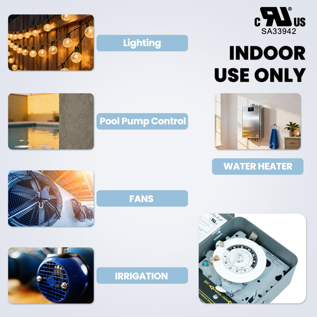 T104 24-Hour Heavy-Duty Mechanical Timer, 40A DPST Switch, 12 On/Off Cycles, 208-240V, for Commercial Defrost, Lighting & Water Heaters，Indoor Use Only