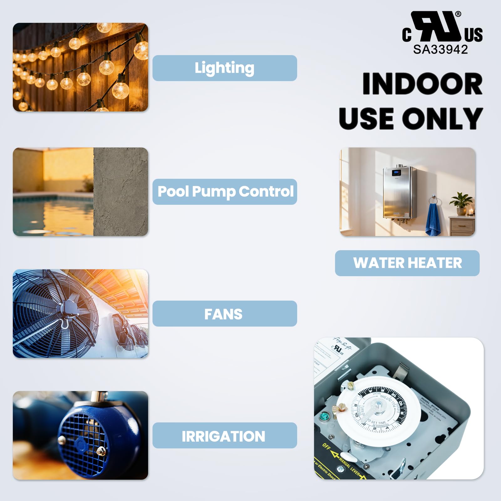T104 24-Hour Heavy-Duty Mechanical Timer, 40A DPST Switch, 12 On/Off Cycles, 208-240V, for Commercial Defrost, Lighting & Water Heaters，Indoor Use Only