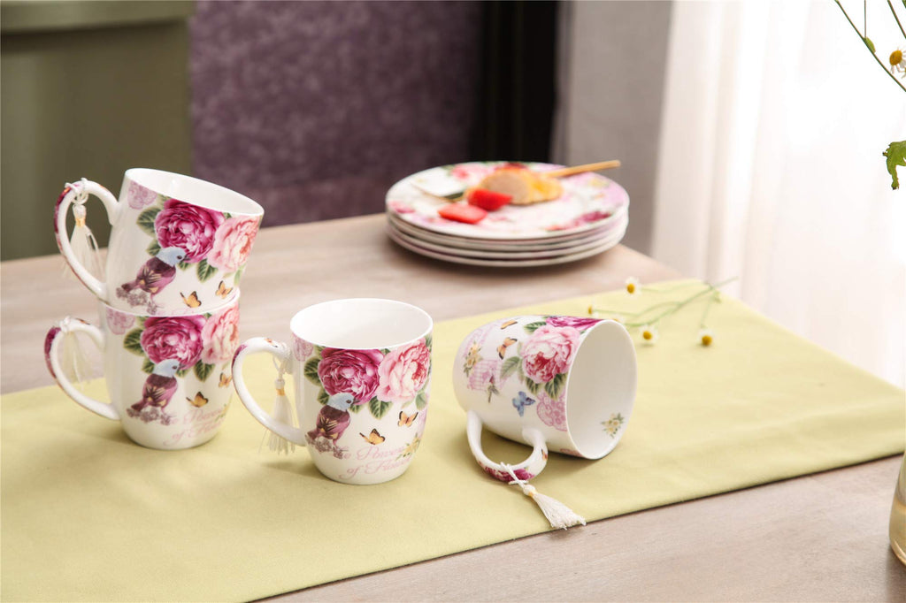 London Boutique Tea Coffee Cup Mug Set 4 Porcelain Bird Rose Butterfly Shabby Chic design in Gift Box 330ML 11oz