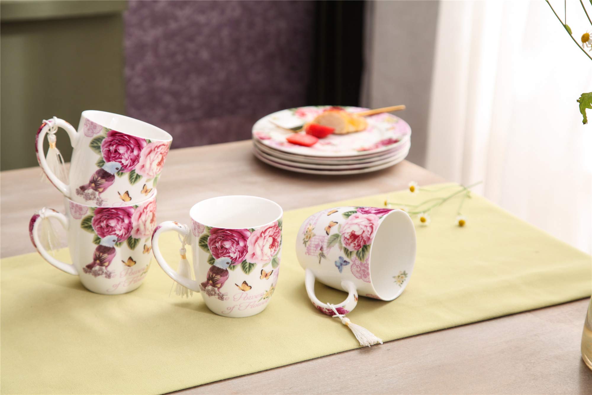 London Boutique Tea Coffee Cup Mug Set 4 Porcelain Bird Rose Butterfly Shabby Chic design in Gift Box 330ML 11oz