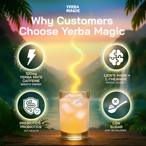 Yerba Magic Instant Yerba Mate Powder Packets – Clean Energy & Focus Drink Mix for Gut Health – Nootropic Blend with Lion’s Mane, L-Theanine, Prebiotics & Probiotics – Low Sugar Natural Caffeine – Variety Pack, 24 Sticks