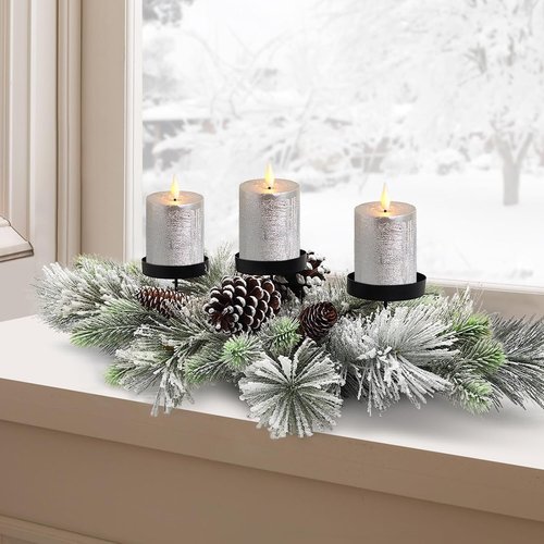 Handcrafted Christmas Centerpiece by [Brand Name] - Snowy Pine Cones & Needles with 3 Candle Holders | 27.5 in