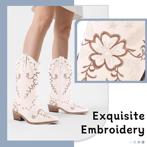 LingxiaUne Western Cowboy Boots - Stylish White Mid Calf Cowgirl Boots with Bow | Comfortable Chunky Heel for Women
