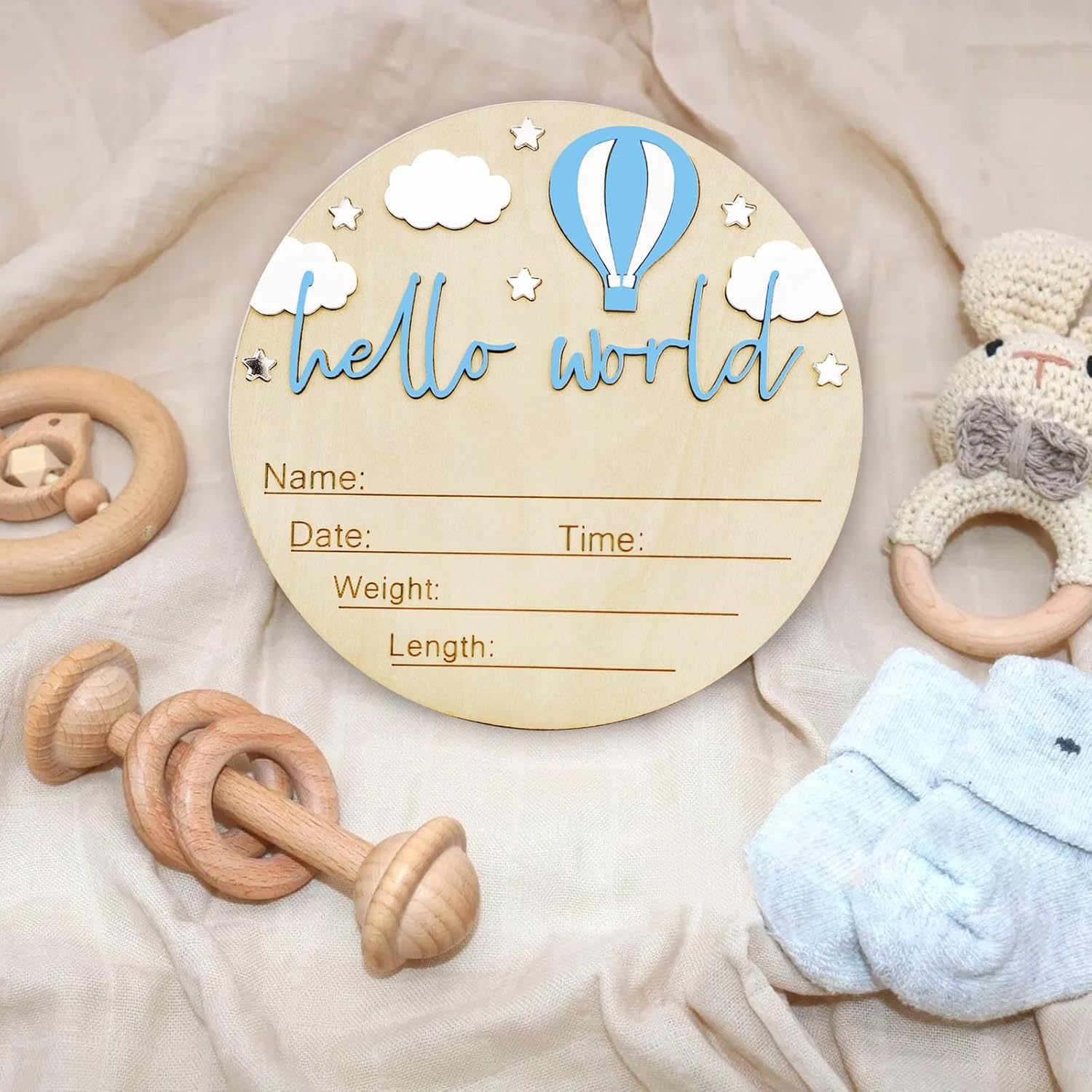 Skiennix Baby Announcement Sign - 5.9 Inch Wooden Hello World Newborn Sign with Pen | Hot Air Balloon & Cloud Design (Blue)