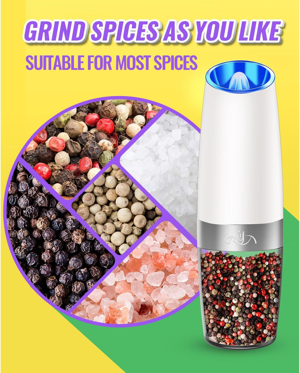 Rongyuxuan Electric Pepper Grinder Mill Set - Battery Powered, Stainless Steel, One-Hand Use, Adjustable Coarseness, Snow White