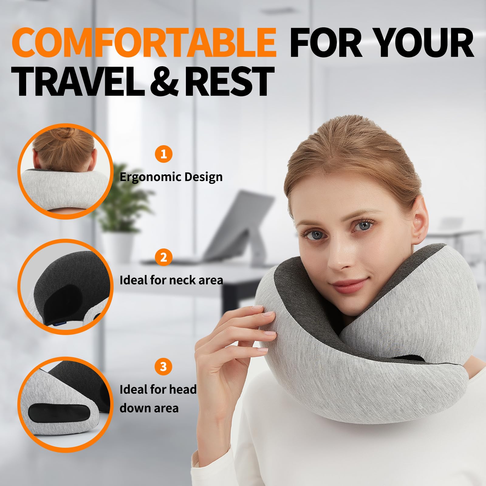 Ziixmile Travel Neck Pillow for Airplane – Memory Foam 360° Support Compact Design Ergonomic Flight Pillow for Sleeping & Neck Support Portable Travel Pillows for Adults, Car, Office Home (Grey)