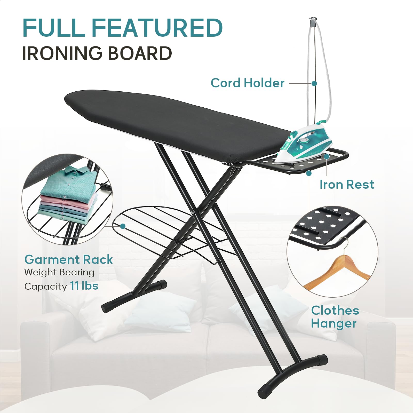 Ironing Board 48x15 in, RAINHOL Large Heavy Duty Ironing Boards Full Size with Pad and Cover, Height Adjustable Iron Stand with Storage Tray and Iron Rest, Black
