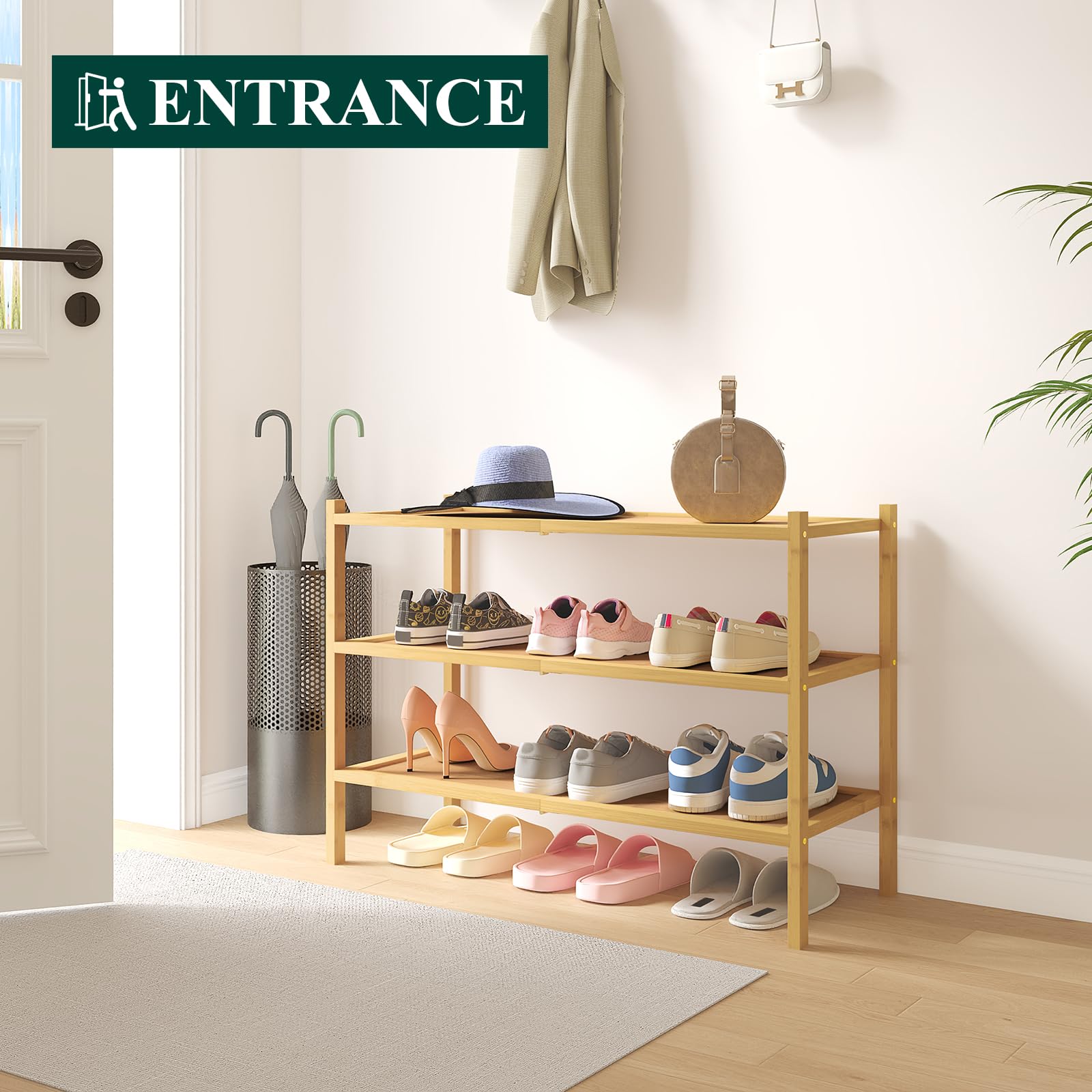 Smiry Bamboo Shoe Rack, 3 Tier Shoe Organizer for Entryway & Closet, Stackable Free Standing Storage Shelf for Shoes, Bags & Plants, Natural