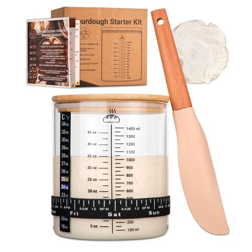 58oz Sourdough Starter Jar Kit – Large Glass Fermentation Jar with Feeding Tracker, Sourdough Starter Recipe Guide, and Essential Bread Baking Tools for Homemade Sourdough