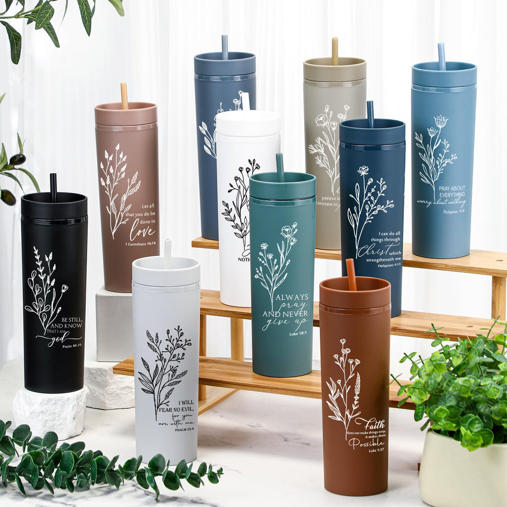 Teenyyou 10 Pcs Christian Mother's Day Tumbler Church Gifts for Women Fathers Day for Men Bible Verse Skinny Cups 16 oz Plastic Religious Cups with Lid Straws for Administrator Volunteer Nurse Gifts