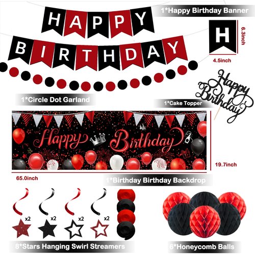 Red Black Birthday Decorations, Happy Birthday Banner, Backdrop, Balloons, Honeycomb Balls, Star Foil Balloons, Stars Hanging Swirls & Cake Topper for Baby Boys Girl Men Women Birthday Decoration