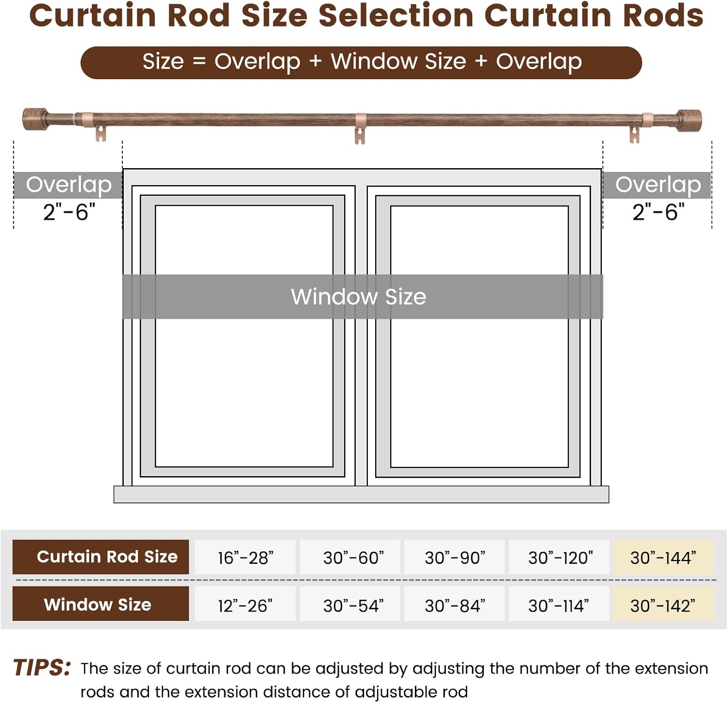 Skiennix 1” Diameter Adjustable Curtain Rod - Heavy Duty Matte Wood Grain | Fits 30-144 Inch Windows