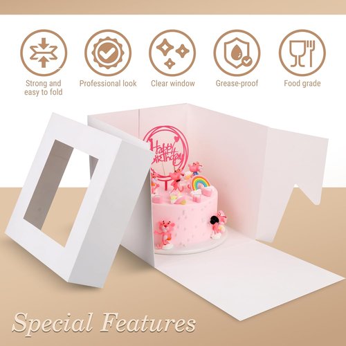 Cakebon Cake Boxes - 24-Pack 8x8x8 Inch Windowed Cake Boxes for Birthdays, Weddings & Parties