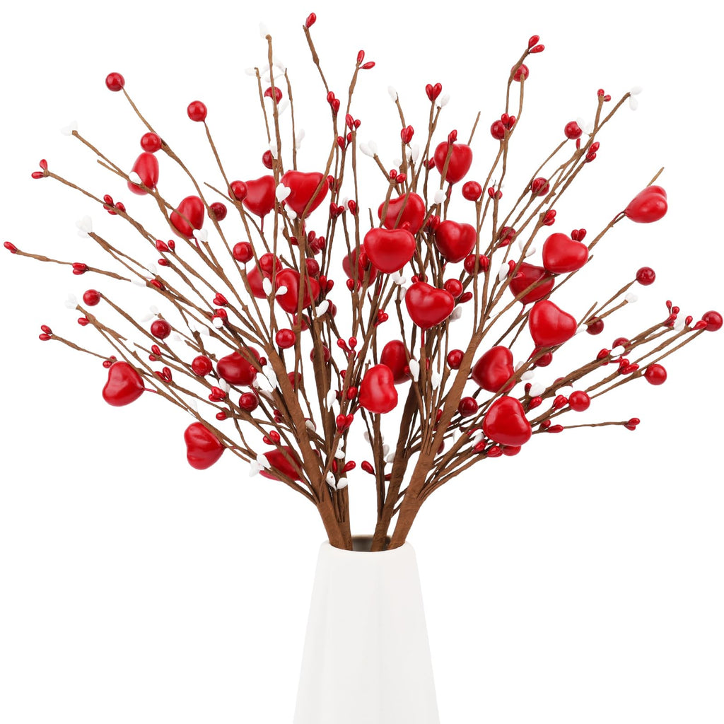 Wootkey 4Pcs Artificial Mother's Gift Decorations Red Heart Berry Stems Heart Shaped Berry Gifts Flowers for Wedding Anniversary Party Supplies Decor