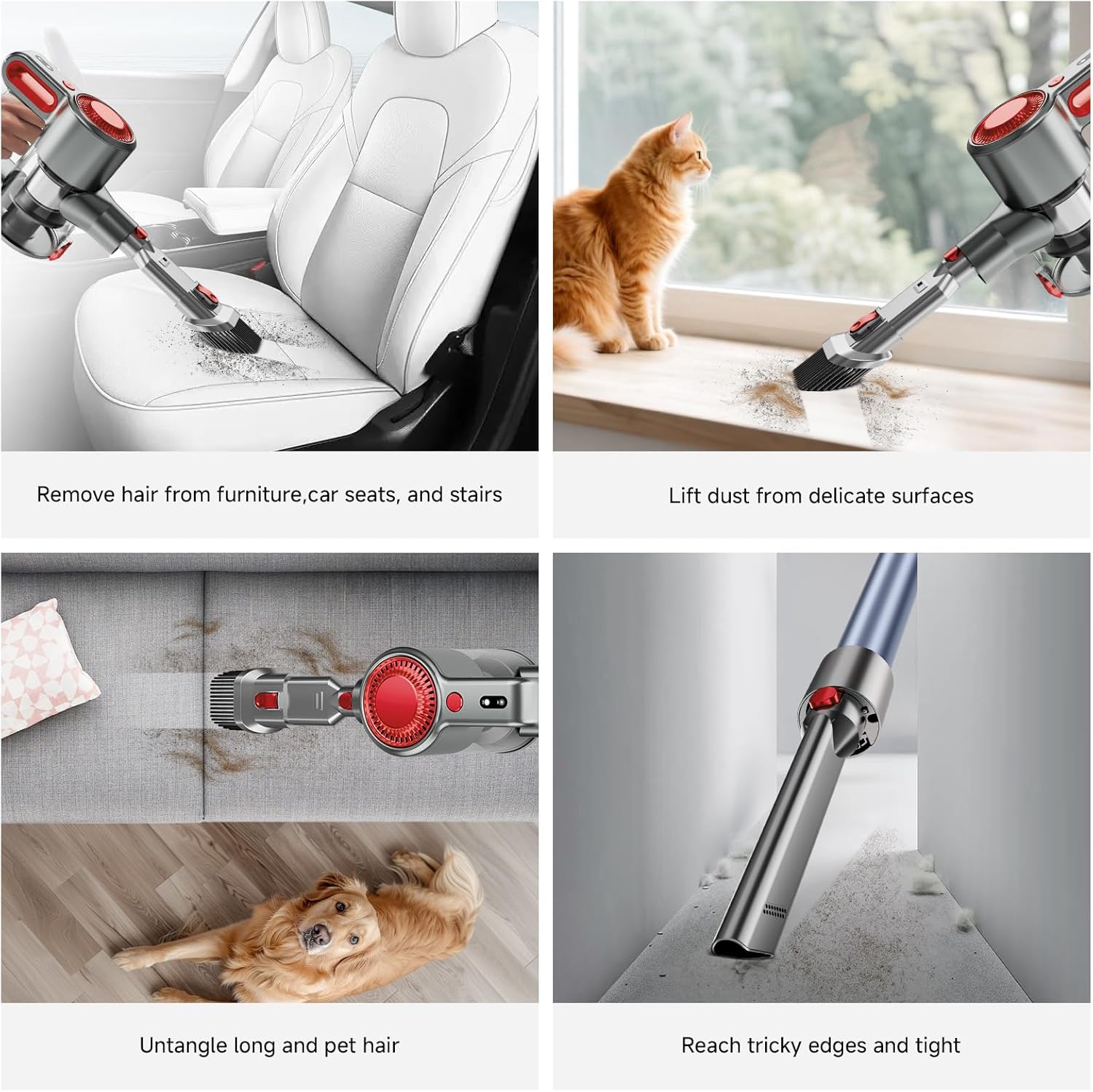 Skiennix Cordless Vacuum Cleaner - Powerful 6-in-1 Stick Vacuum with Anti-Tangle Brush & Removable Battery | Red