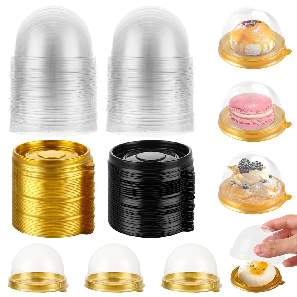 WOPPLXY 200 Pcs Mini Cake Containers, Clear Plastic Cupcakes Containers Muffin Mooncake Holder, Mini Cupcake Boxes with Dome Lid for Cheese Pastry Dessert Mooncake (100 Gold,100 Black)