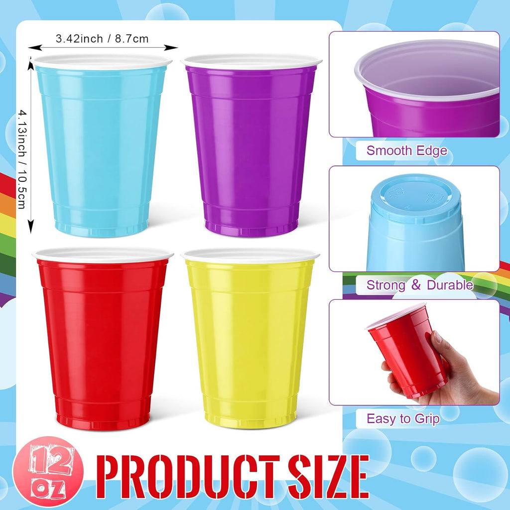 Reallnaive 100 Pcs 12 oz Rainbow Color Disposable Plastic Party Cups - Durable & Lightweight for Events