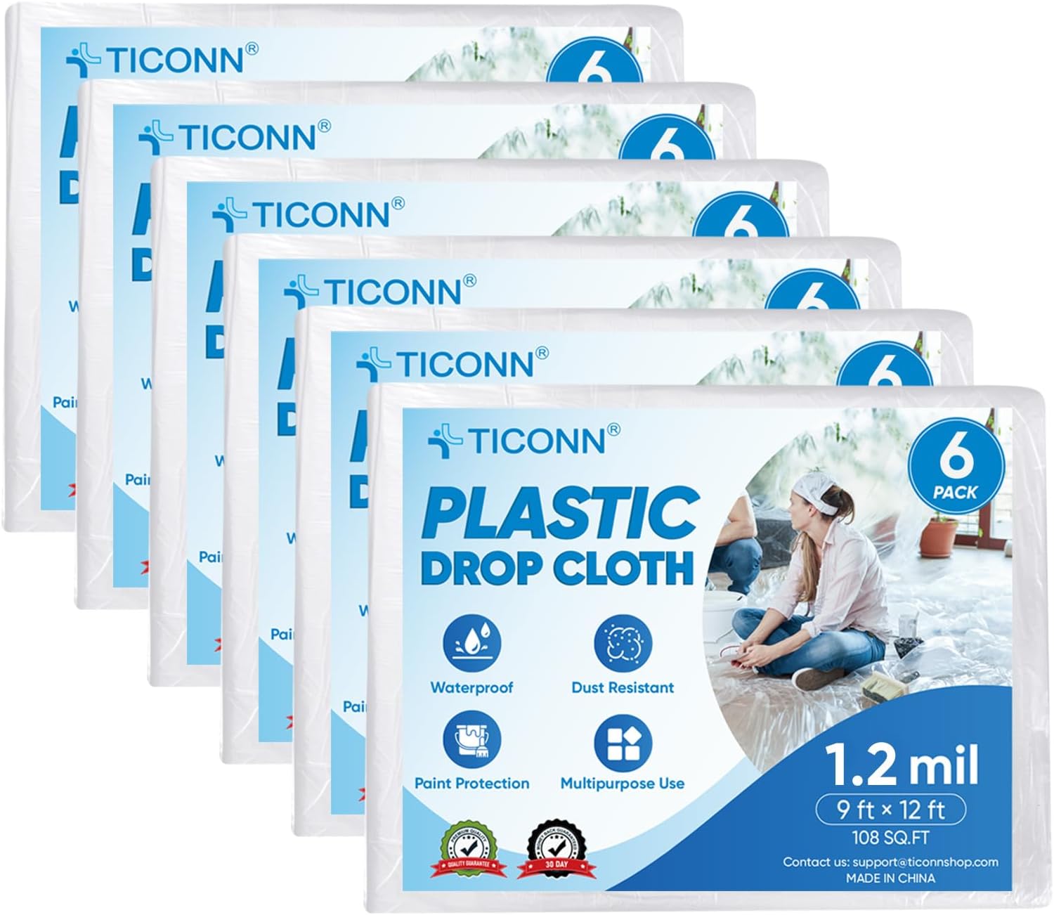 TICONN Extra Large Moving Bags - 6 Pack with Zippers & Handles + 12x9 Ft Plastic Drop Cloth