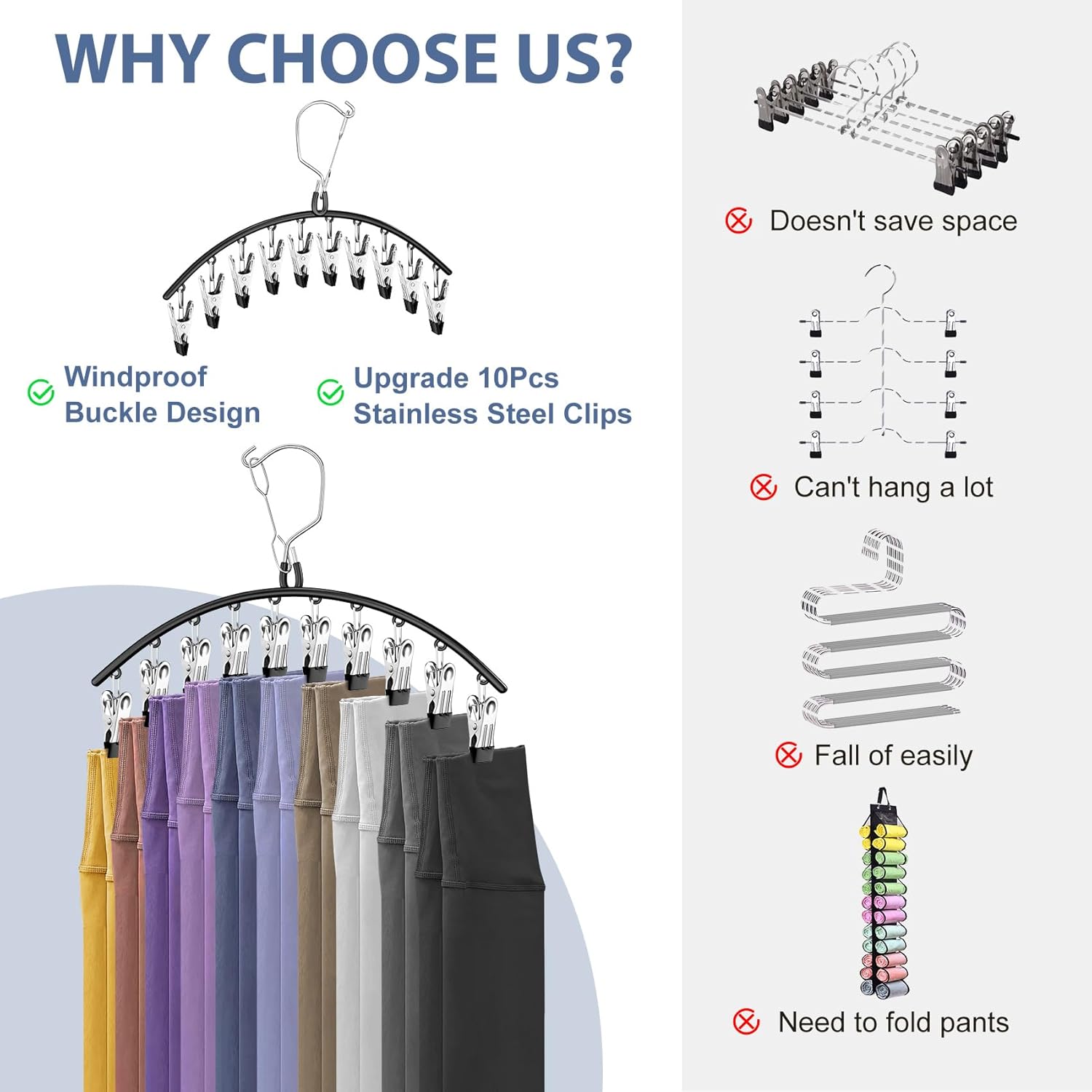 Skiennix 3-Pack Skirt Pants Hangers - Space-Saving Closet Organizer with 10 Clips for Leggings, Shorts, Jeans & Skirts - Black