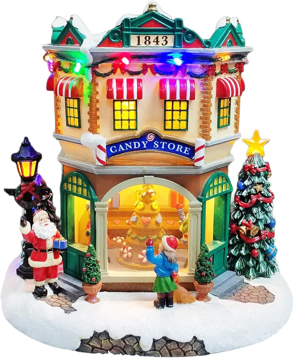 Moments In Time LED Musical Candy Store - 10.3” Light Up Christmas Village Scene | Plays 8 Classic Songs, Battery Operated