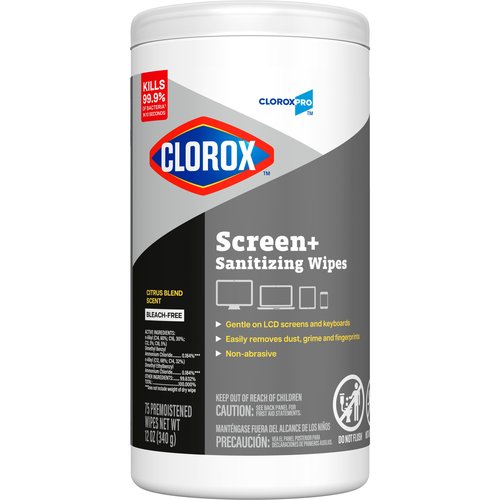 CloroxPro Clorox Screen+ Sanitizing Wipes, Bleach Free Cleaning Wipes, Citrus Blend Scent, 75 Count, Pack of 6