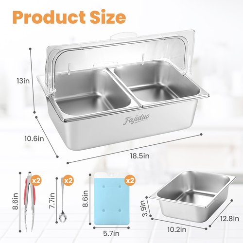 Countertop Ice Food Serving Display Container, Spice Display Salad Dressing Cooler, Stainless Steel Food Serving Tray Buffet Condiment Dispenser with Clear Roll Top Cover, Clamps, Spoons, Ice Packs