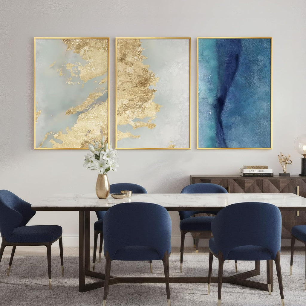 Skiennix Large Framed Abstract Wall Art - Luxury 3 Piece Canvas Set in Blue, White & Gold | Modern Home Decor 24x36 In