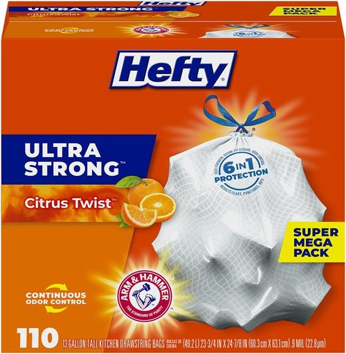 Hefty Ultra Strong 13 Gallon Trash Bags - Drawstring Closure with Continuous Odor Control | Citrus Twist Scent, 110 Count