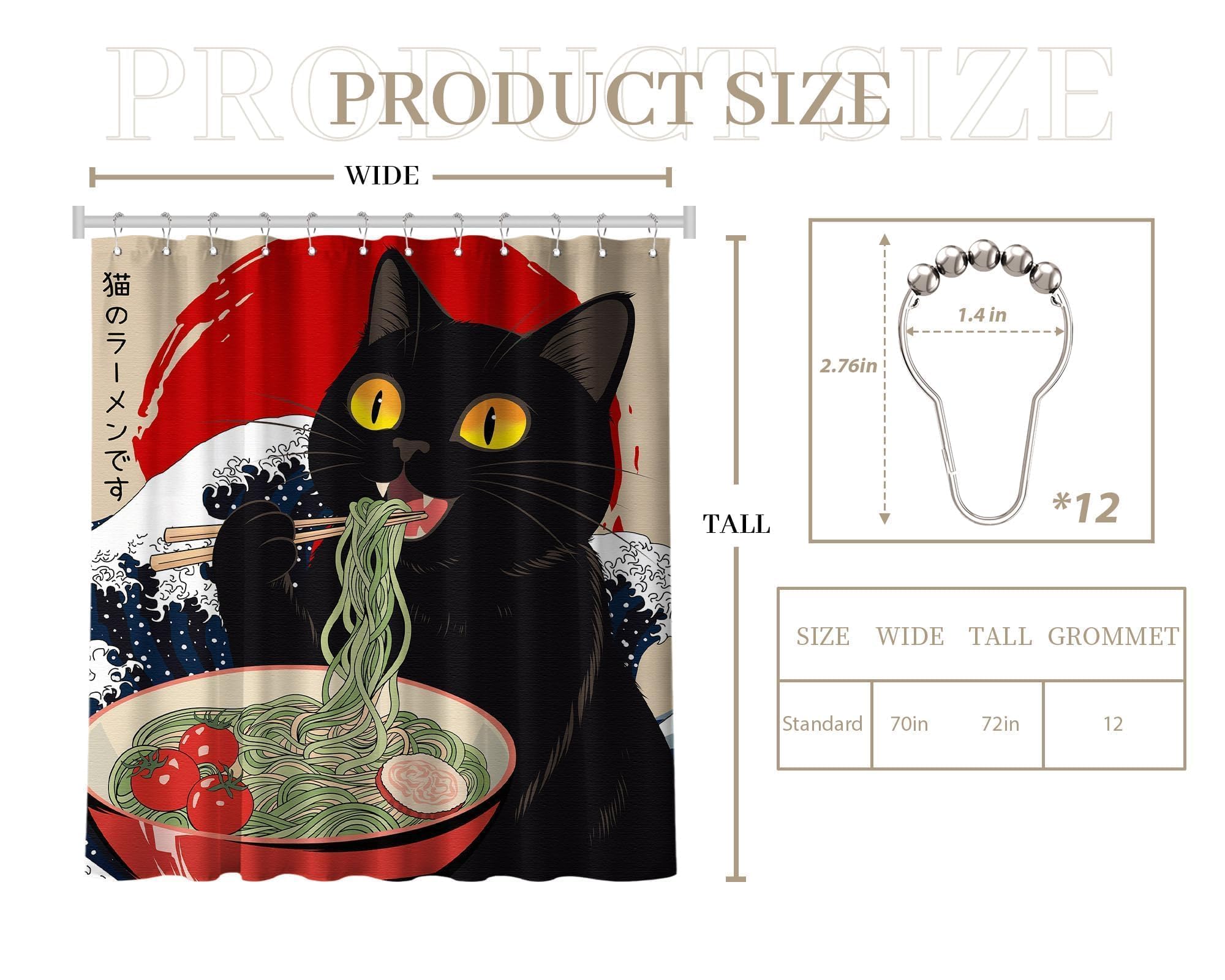 puuiui Funny Cat Shower Curtain Japanese Anime, 70x72 Inch
