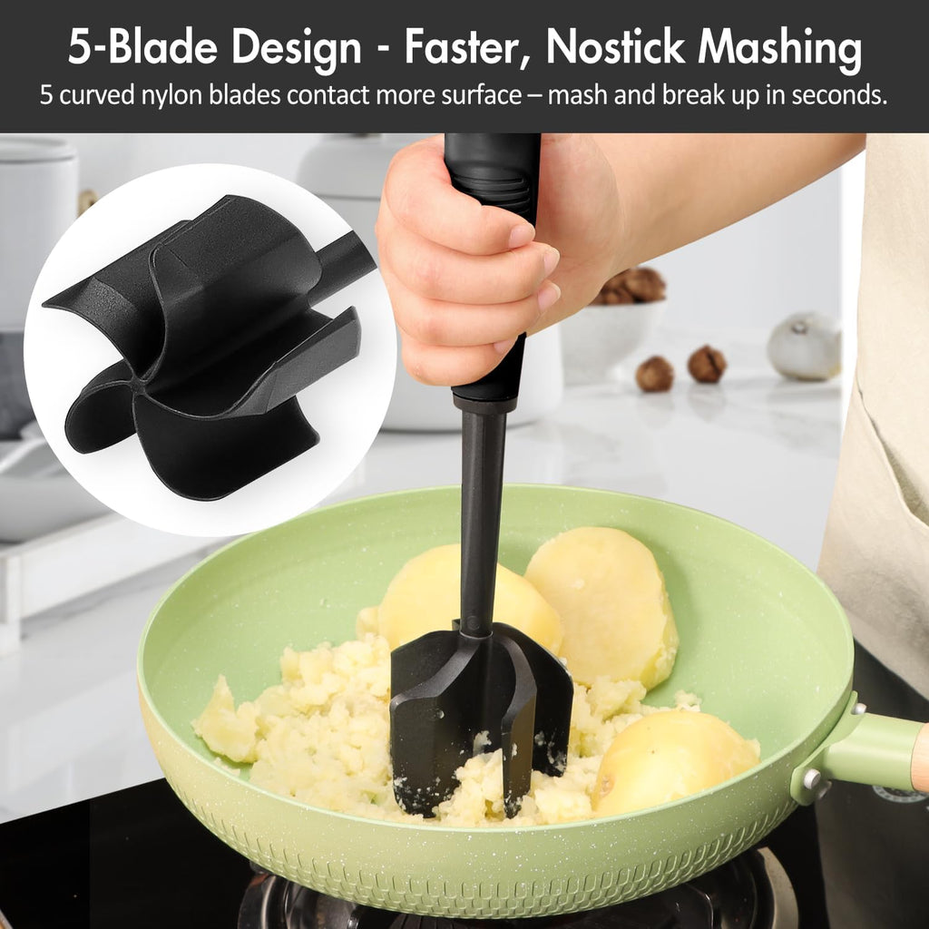Ourokhome Meat Chopper - Heat Resistant Nylon Ground Beef Smasher with 5 Curved Blades | Black Kitchen Gadget