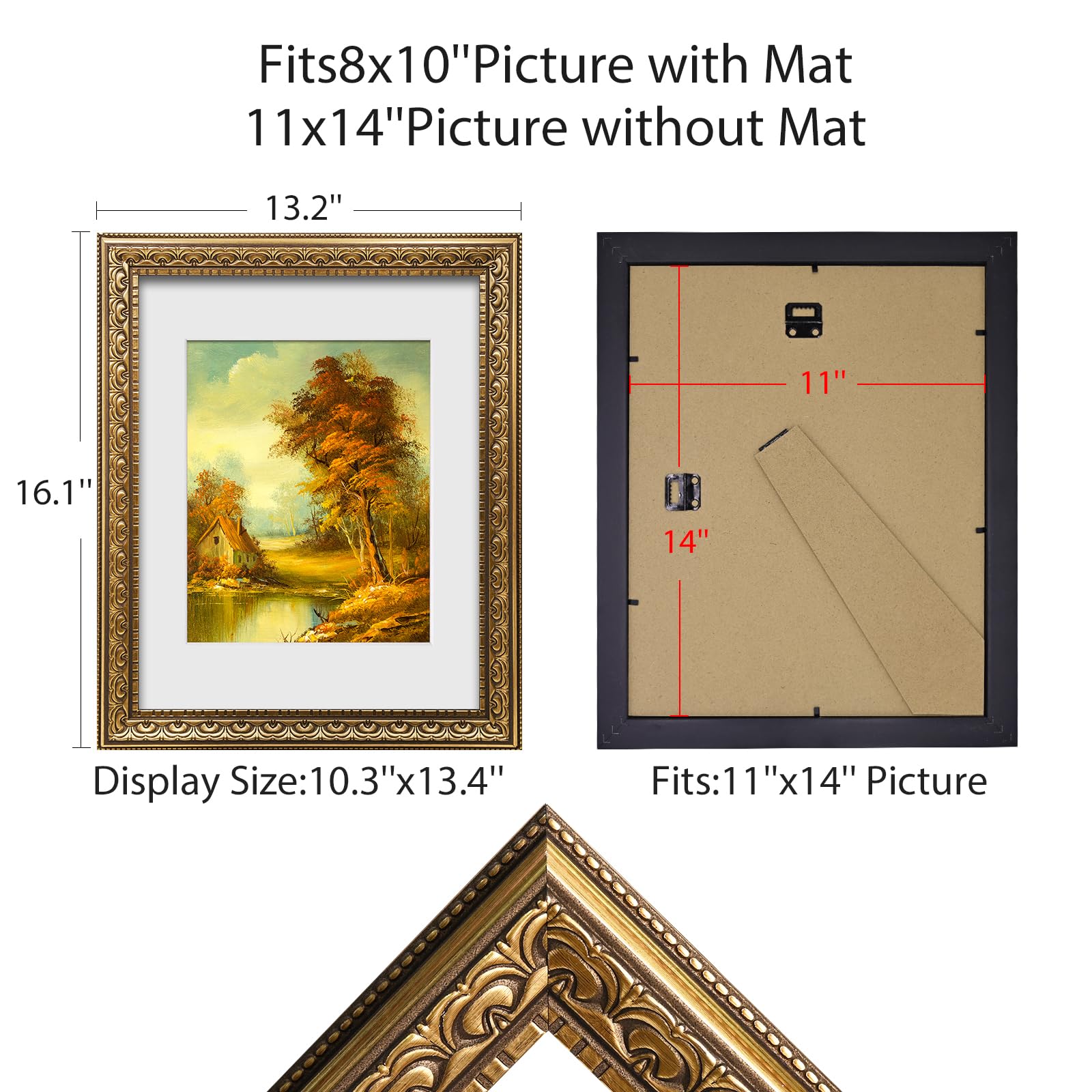 BSRHOME 11x14 Vintage Picture Frames,Antique Picture Frame with White Mat for 8x10 Picture,Gold Frame for Wall Decor,1 Pack Ornate Picture Frame,Gold