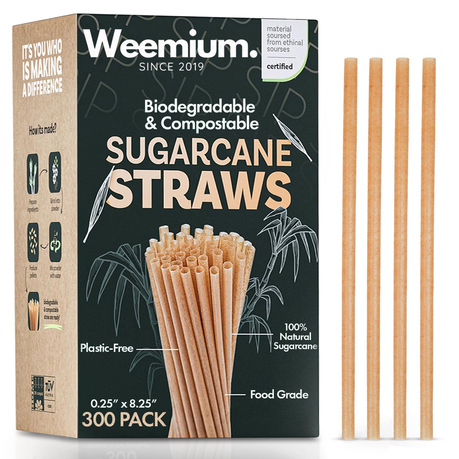 Weemium Sugarcane Straws [300 Pack] 8.25" | FSC Certified 100% Compostable Straws Disposable for Warm and Cold Drinks | Plastic-free & Biodegradable Packaging | Eco friendly made with Sugarcane Fiber