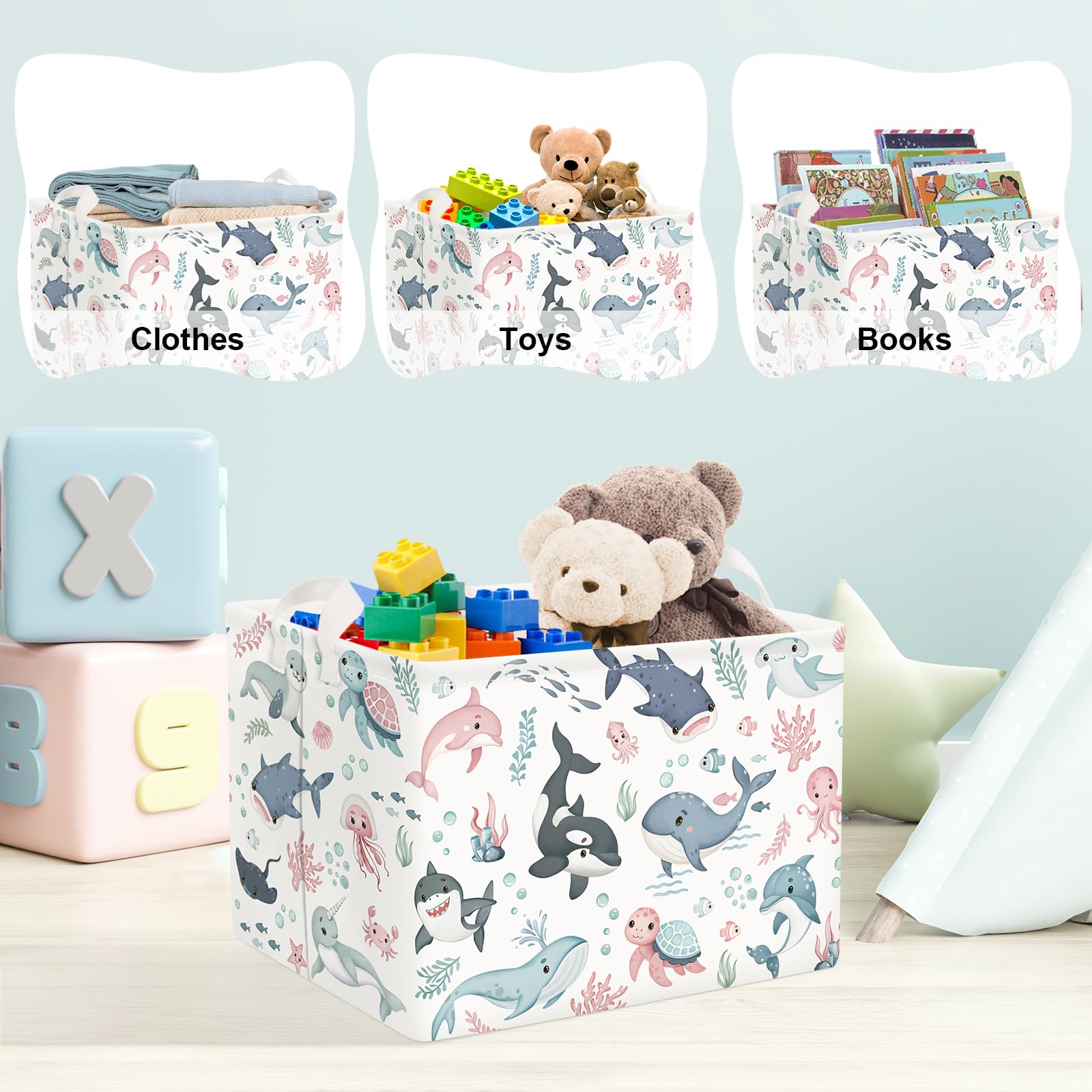 Clastyle Adorable Ocean Animal Laundry Basket Shark Kids Clothes Book Storage Basket Gift Toy Box for Bedroom Decor,Whale,40x30x30 cm
