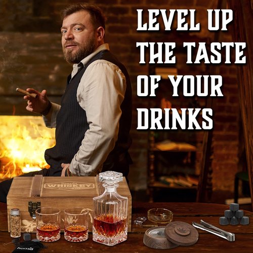 Whiskey Gift Set, 14 pcs - Whiskey Decanter + Wooden Smoker + Old Fashioned Glasses - 2 pcs, in Wooden Box with Wood Chips, Whiskey Stones 6 pcs Included - Gift for Men (Torch Not Included)