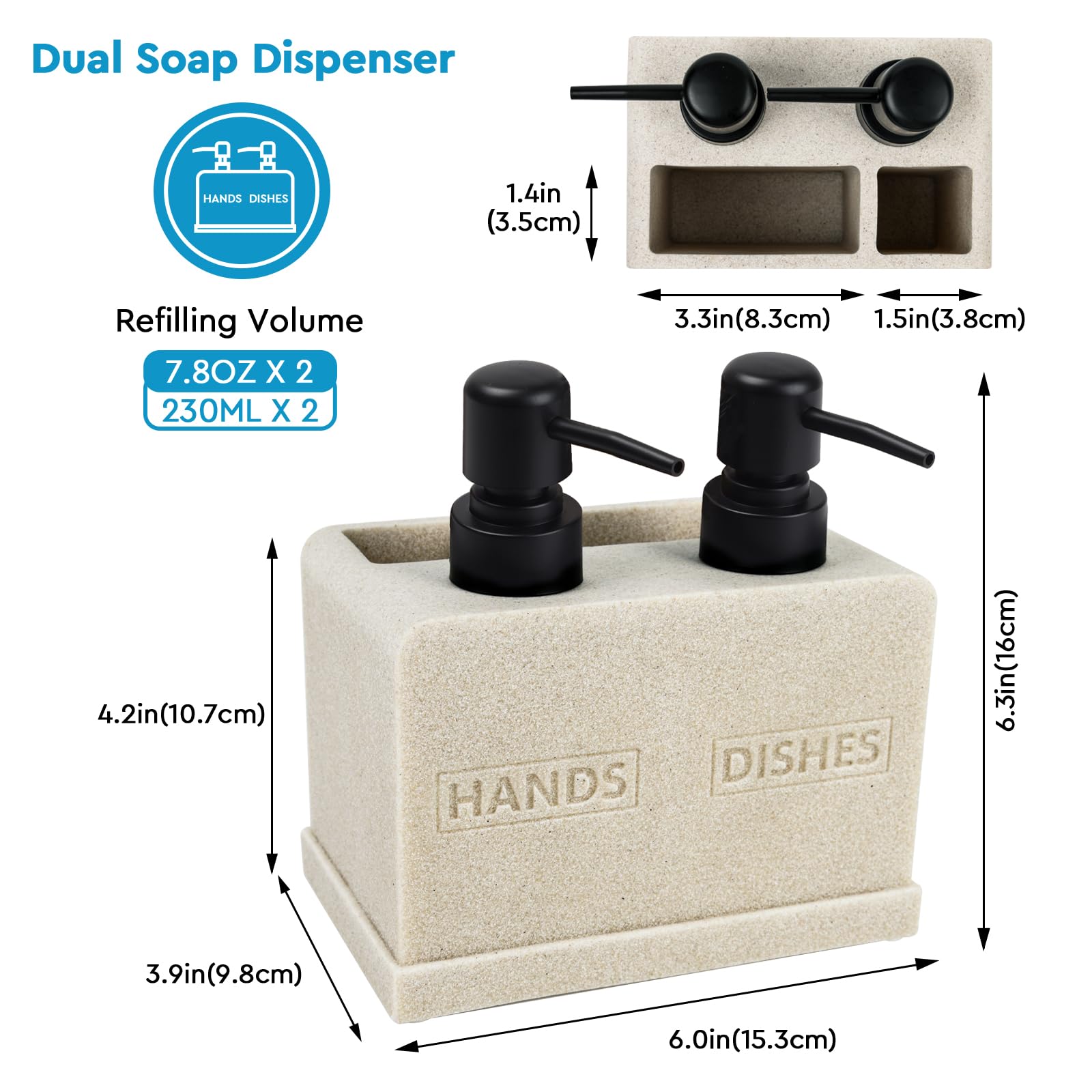 Hand and Dish Soap Dispenser Set for Kitchen Sink,Dual Soap Dispenser with Sponge Caddy and Brush Holder 4-in-1 Countertop Organizer for Kitchen Bathroom,Useful Kitchen Gadgets-Beige